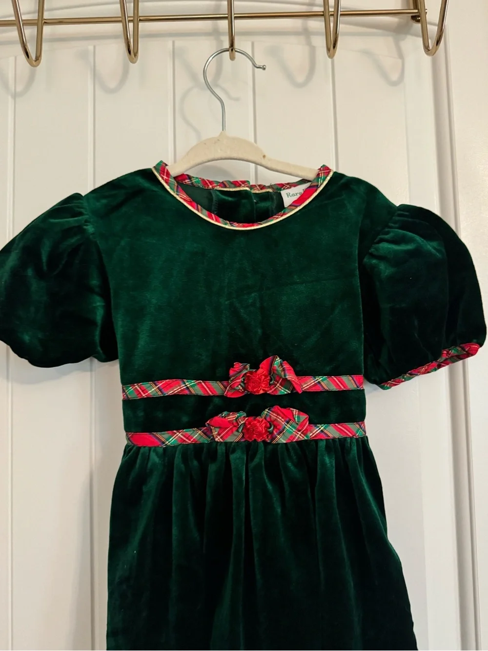 Rare Editions Dark Green Velvet Holiday Dress with Red Plaid Trim